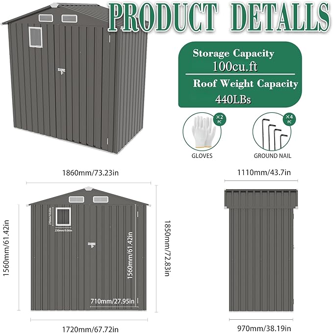 6x3.6FT Outdoor Storage Shed, Galvanized Steel Garden Shed