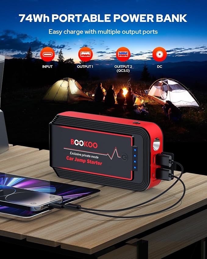 Jump Starter 3000A, BOOKOO Car Battery Jumper Starter Portable, 12V Jump Start