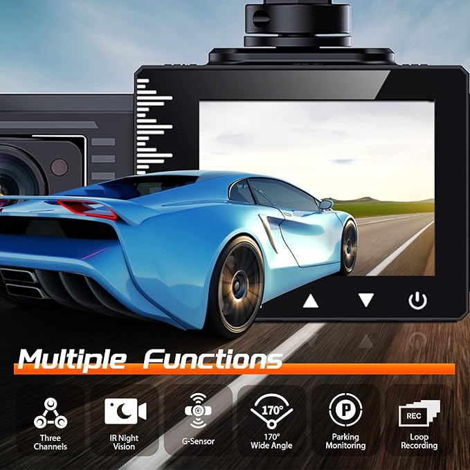 iiwey T1-pro Dash Cam Front and Rear Inside 3 Channel 1080P, Adjustable Lens
