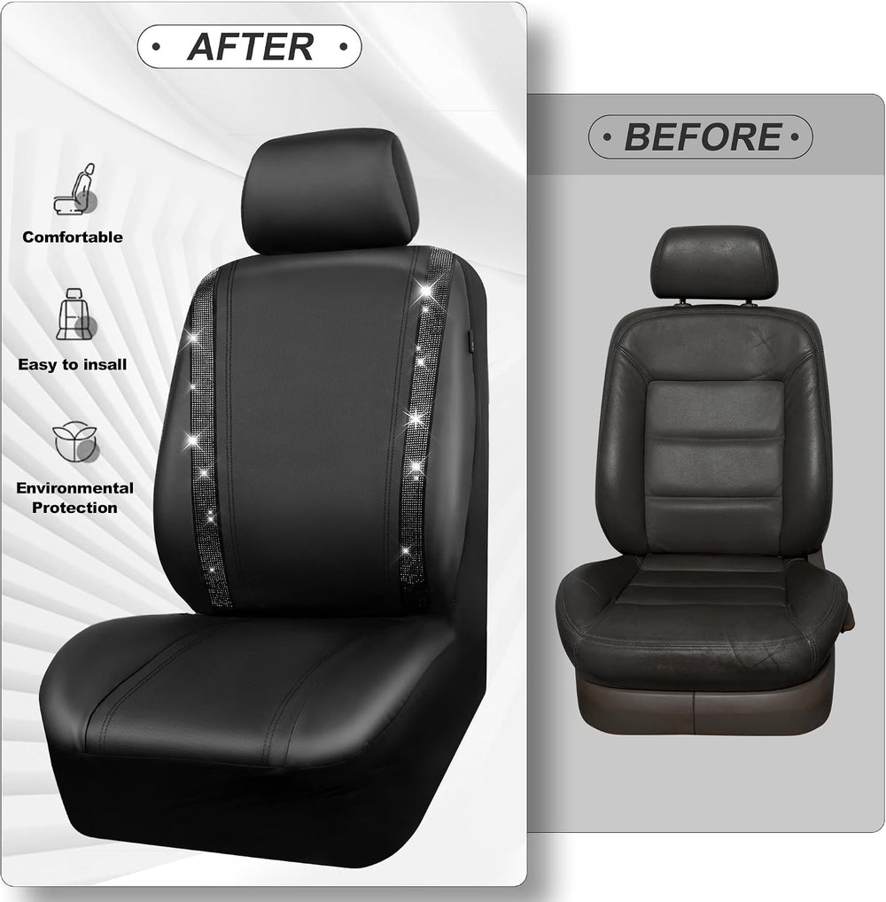 CAR PASS Leather Bling Diamond Car Seat Covers 2 Front Interior Sets, Waterpr...