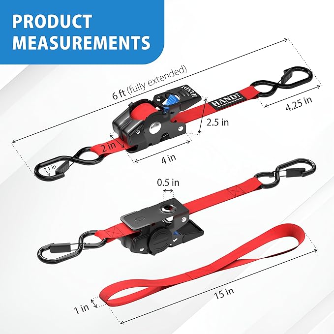 HandT USA Based Retractable Ratchet Straps 1in x 6ft (2PK)