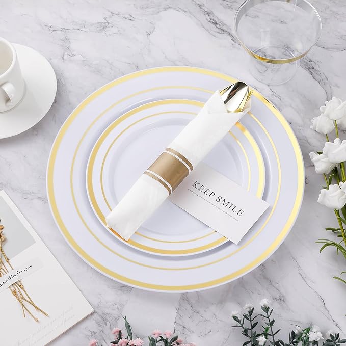 BESTVIP 175PCS Gold Plastic Dinnerware Set, Disposable Party Plates for 25 Gu...