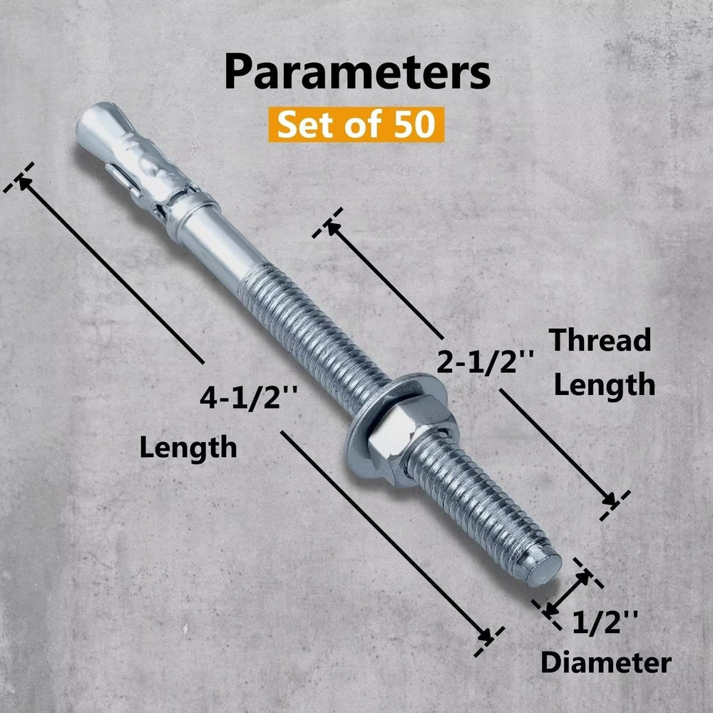 Party Animals 1/2 x 4-1/2 Inch Wedge Anchor, 50 PCs Zinc-Plated Industrial An...