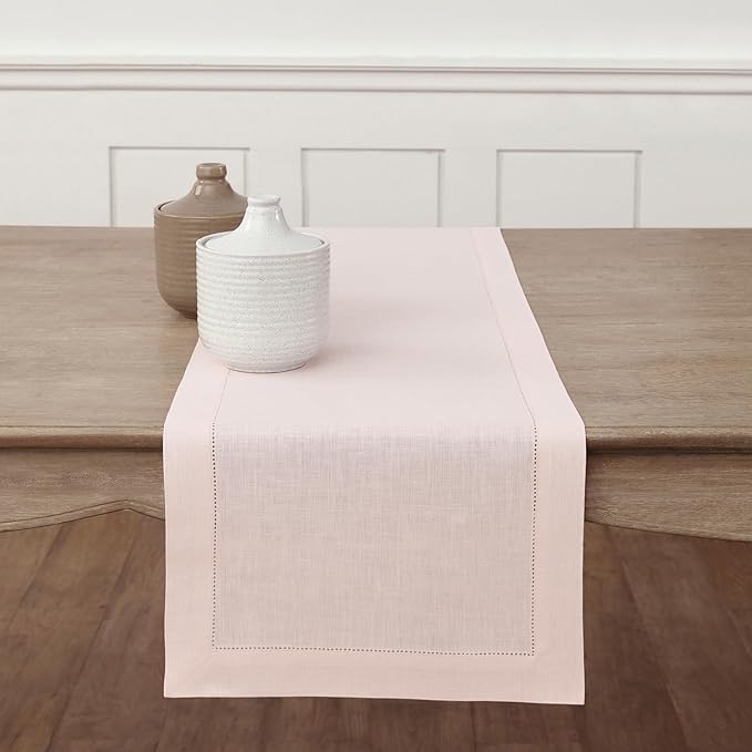 Solino Home Linen Pink Table Runner 60 Inches - Classic Hemstitch, 100% Pure ...
