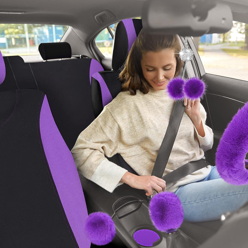 Tallew 17 Pcs Purple Fluffy Car Seat Cover Full Set for Women