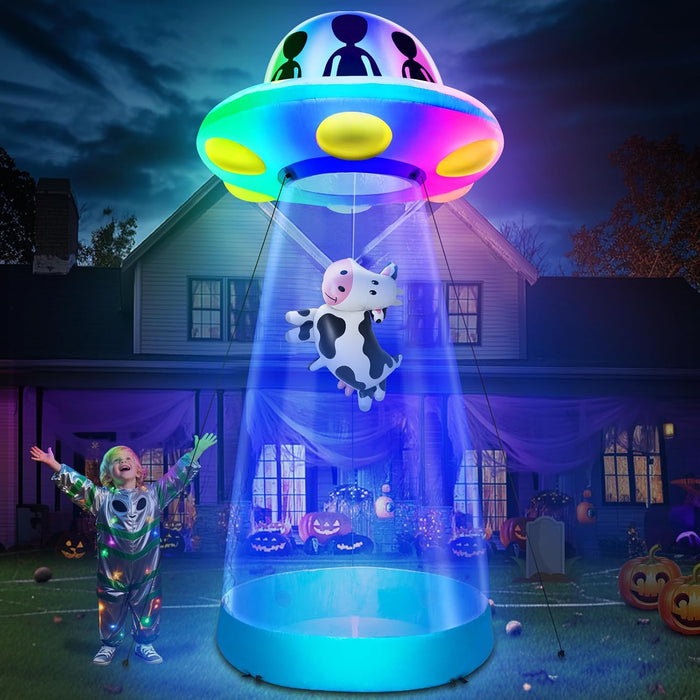 TURNMEON 10 Ft Tall Halloween Inflatable UFO Cow Abduction Decorations