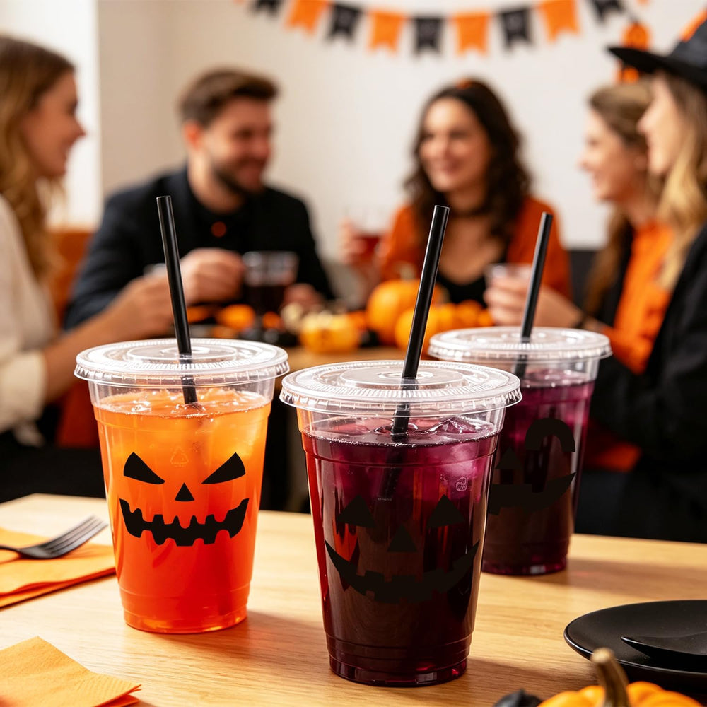 100pcs 12oz Halloween Disposable Plastic Party Cups with Lids & Straws Bulk
