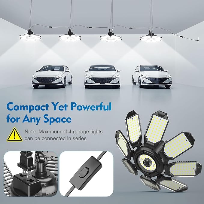 TANBABY Upgrade 250W LED Garage Lights Plug in 2 Pack, Total 50000LM Deformable