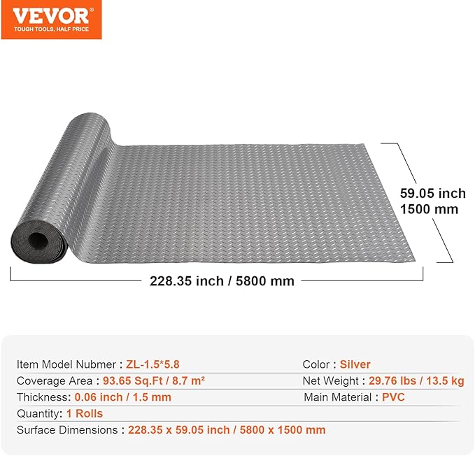 VEVOR Garage Floor Mat, 19 x 4.9 FT PVC Garage Flooring Roll, Non-Slip Diamond