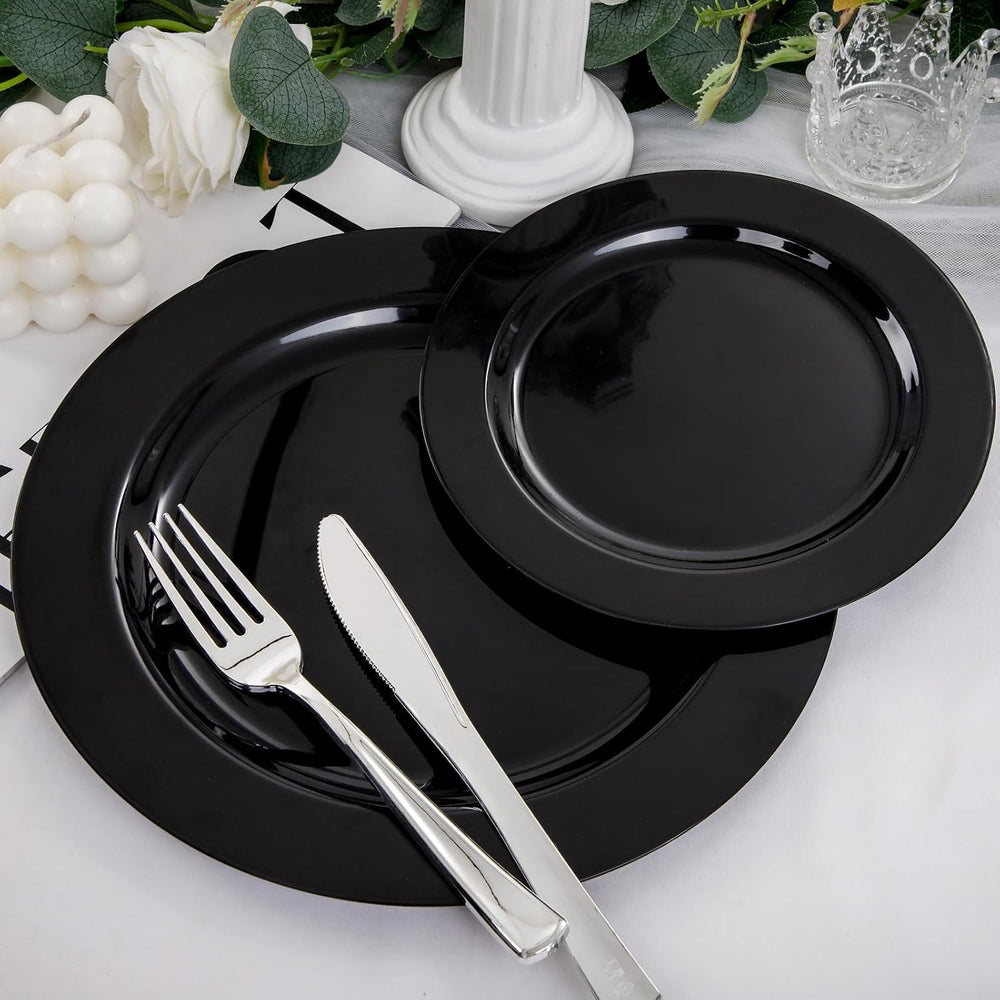 FLOWERCAT 100PCS Black Plastic Plates - Heavy Duty Black Disposable Plates fo...