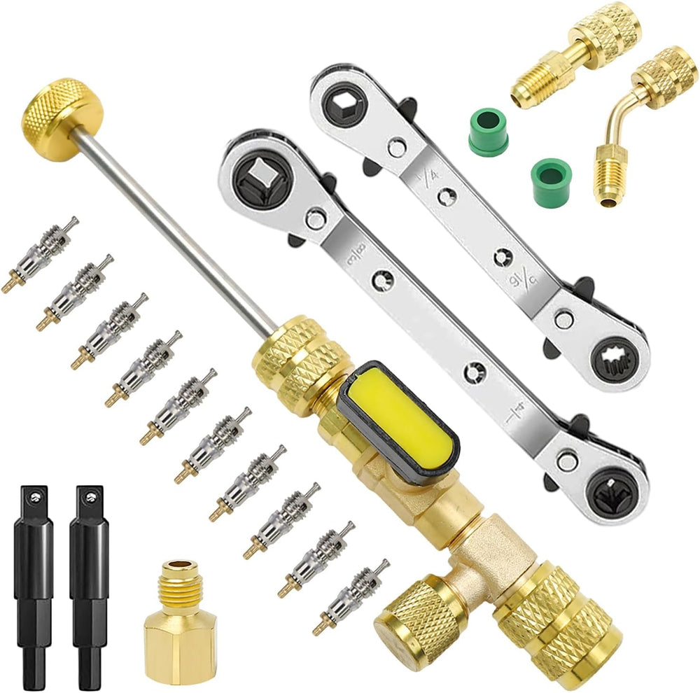 Valve Core Remover Installer Tool and HVAC Service Wrench Set with Hex Bit Ad...