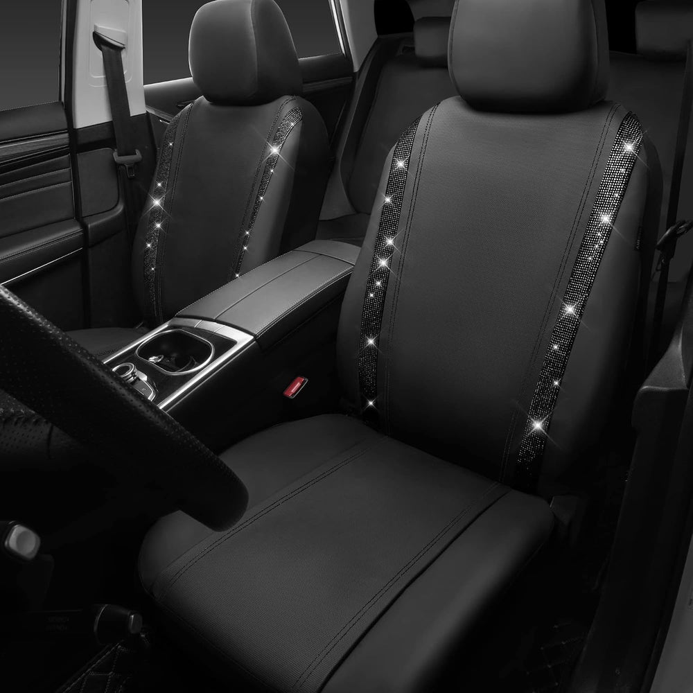 CAR PASS Leather Bling Diamond Car Seat Covers 2 Front Interior Sets, Waterpr...
