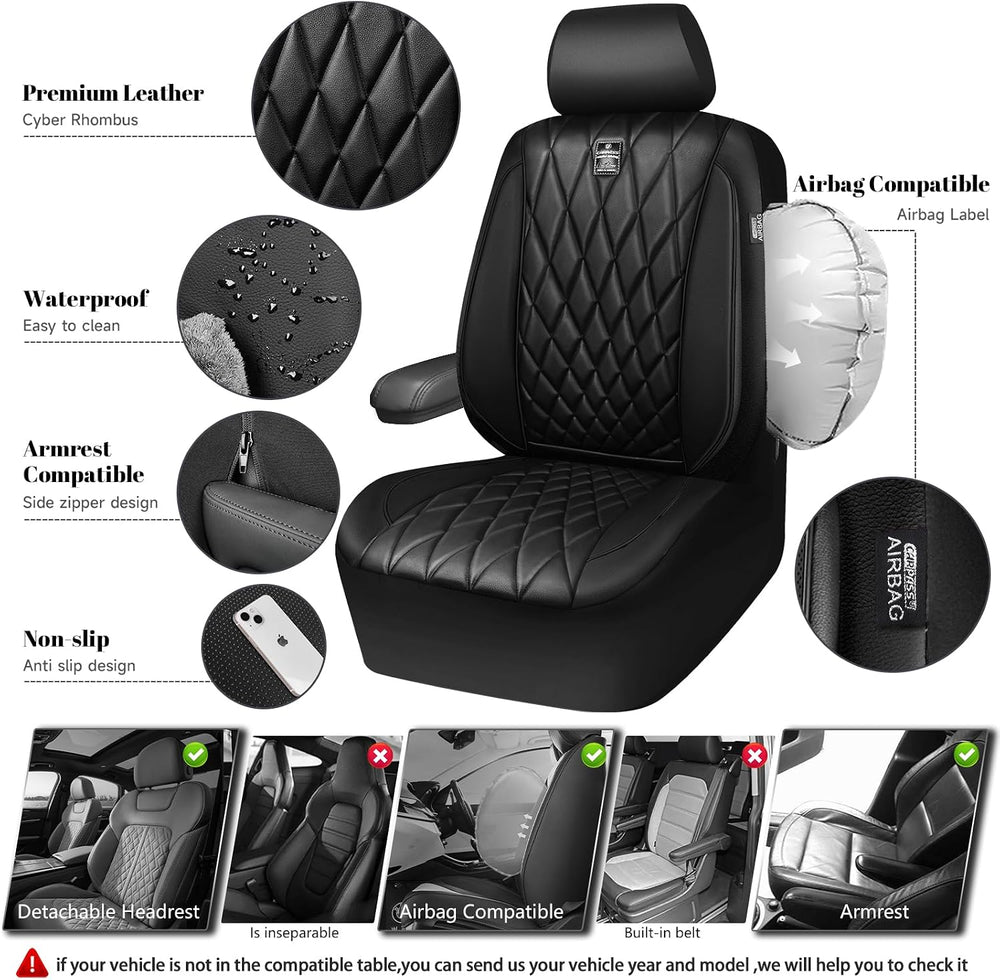 CAR PASS 5 Seats Piping Luxury Faux Leather Seat Covers Full Set, Anti-Slip W...