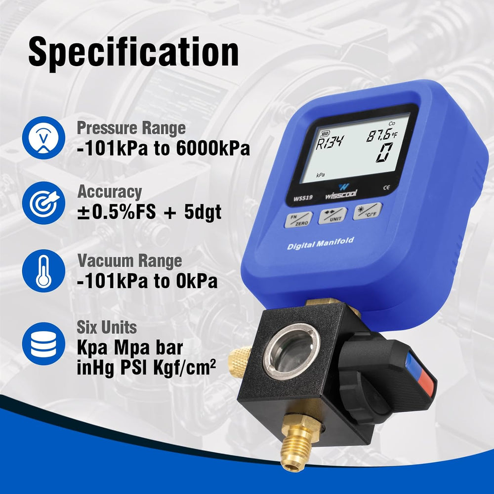 WISSCOOL Digital Manifold Gauge HVAC, R454B,R134A,R410a,R1234yf
