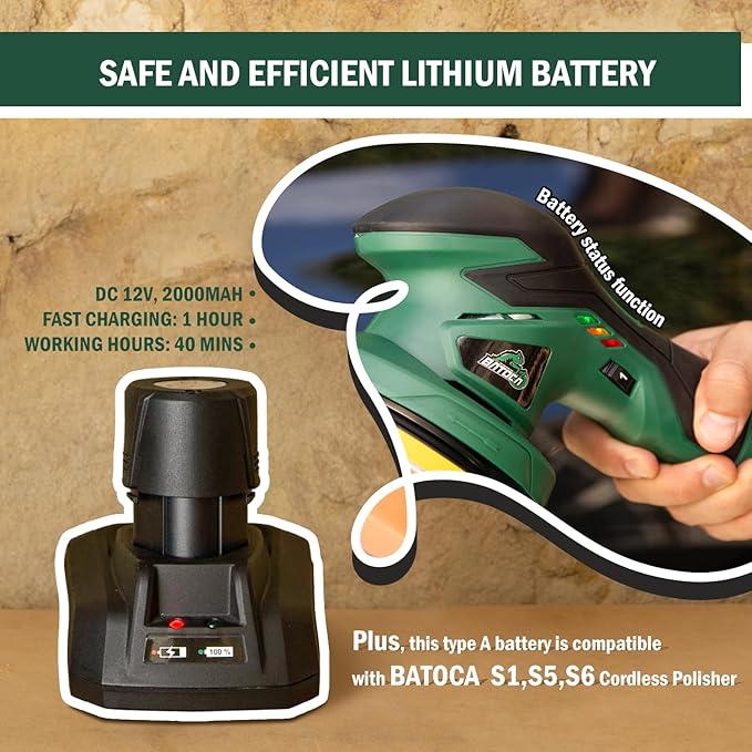 BATOCA - Cordless Car Buffer Polisher - 2pcs 2.0Ah 12V Lithium-ion Rechargeable