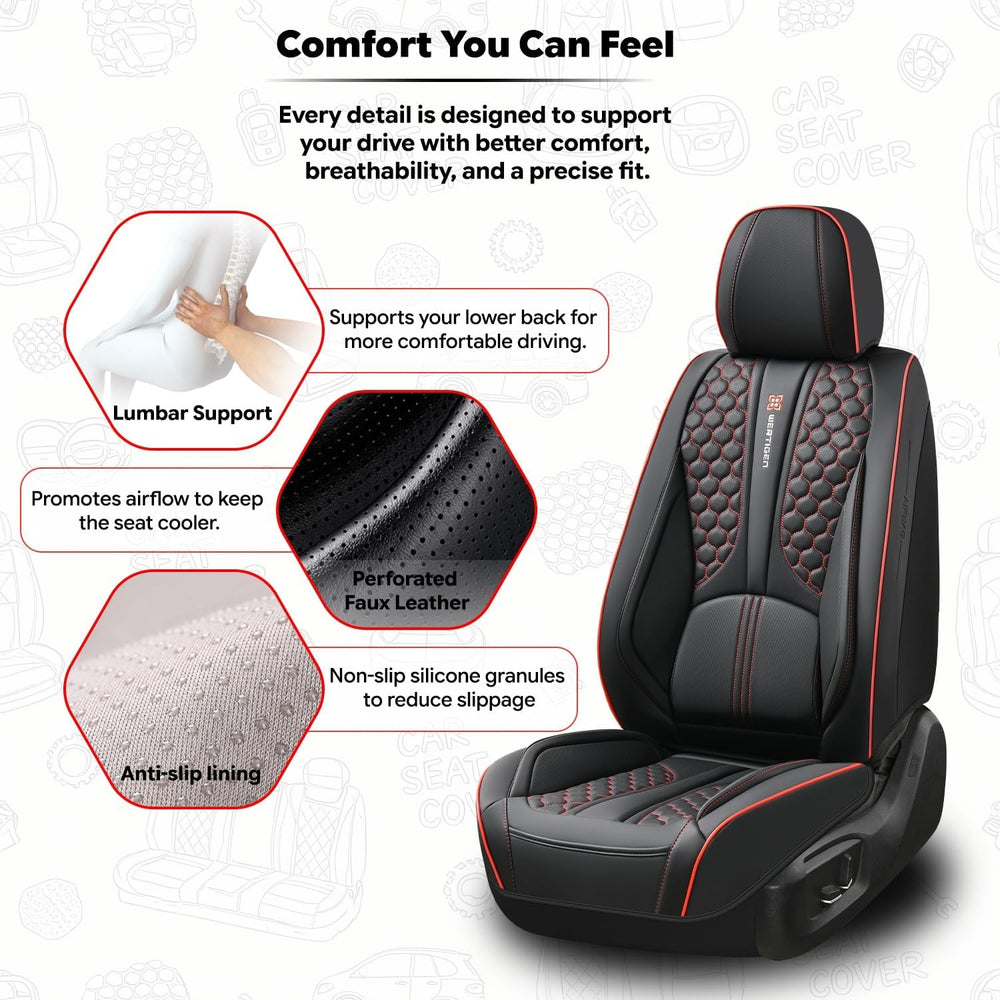 Black and Red Leather Car Seat Cover Set, with Lumbar Support
