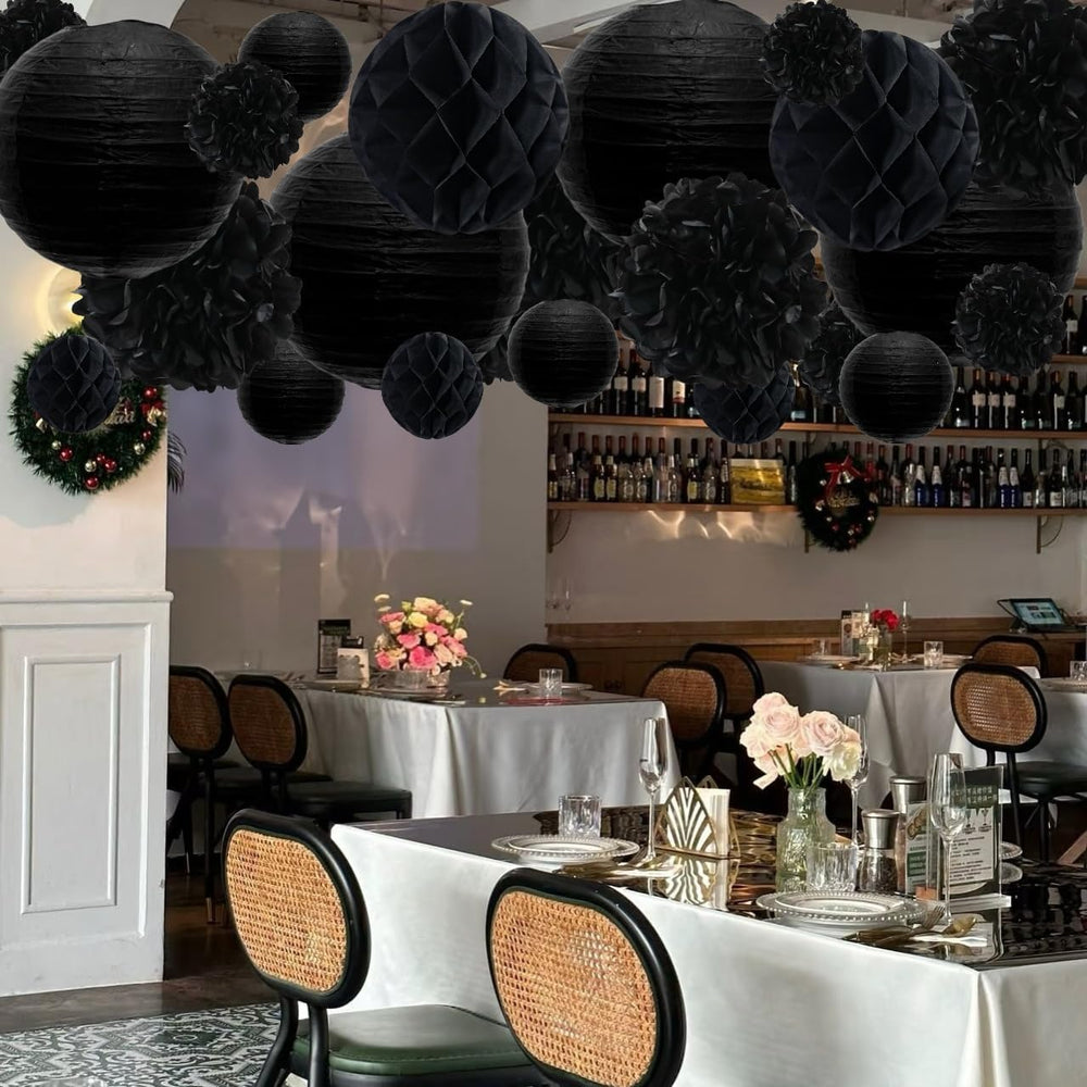 WOLHOWLTD Black Paper Decoration Set - 34 Pcs Paper Lanterns, Pompoms, Honeyc...