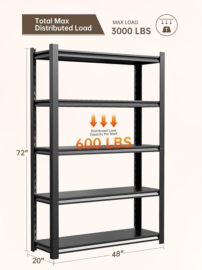 JHYKHG 72" W Storage Shelves, 5-Tier Heavy Duty Garage Shelving, Adjustable