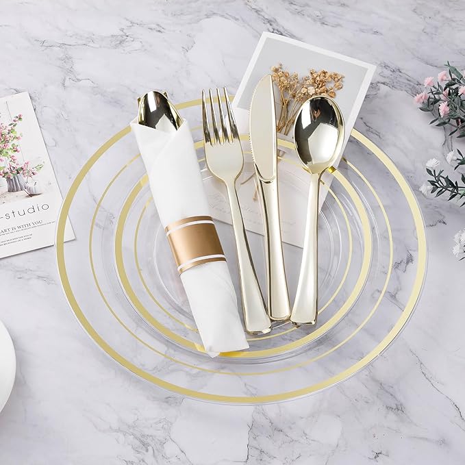 BESTVIP 350PCS Clear Gold Plastic Dinnerware Set for 50 Guests, Disposable Pa...