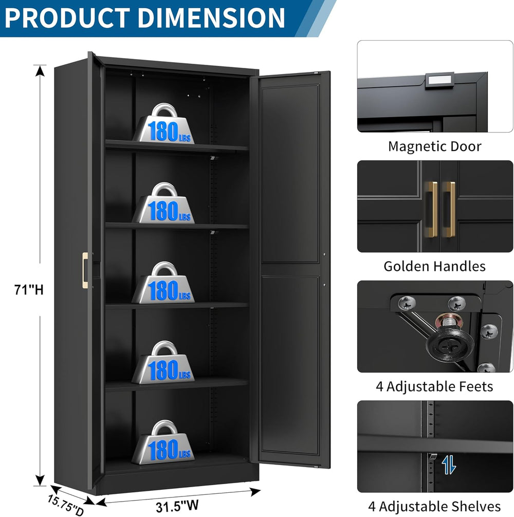71" Black Metal Storage Cabinet with Doors, Heavy Duty