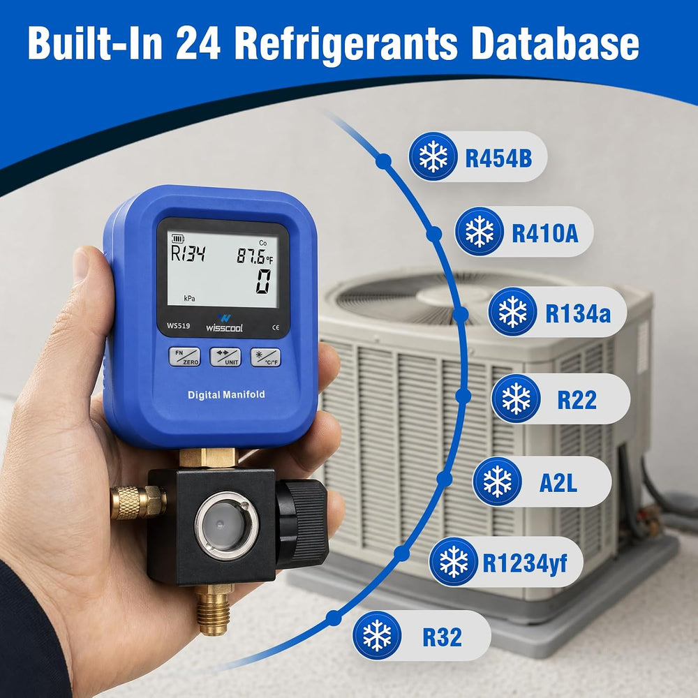 WISSCOOL Digital Manifold Gauge HVAC, R454B,R134A,R410a,R1234yf