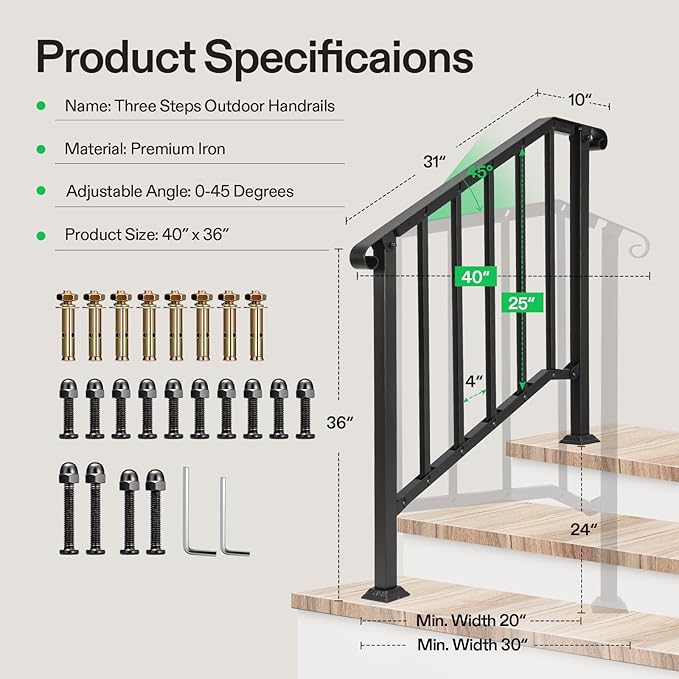 VIVOSUN Outdoor Handrail, 3 Step Stair Handrail, Wrought Mattle Iron Stair