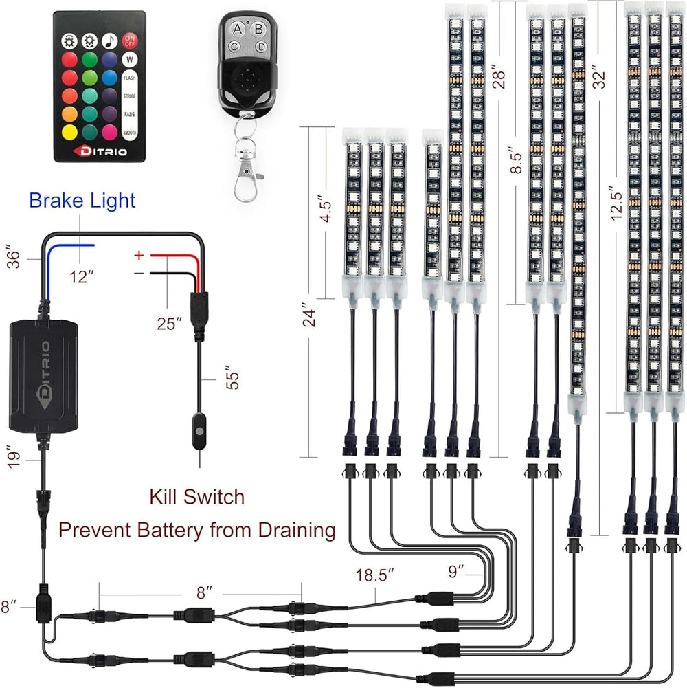 DITRIO 12pcs Underglow RGB LED Strip Light Kit DC 12V with 2 Red Blinking Bra...