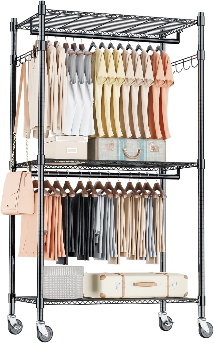 Homdox Heavy Duty Clothing Rack with 3 Tier Adjustable Wire Shelves, Garment ...