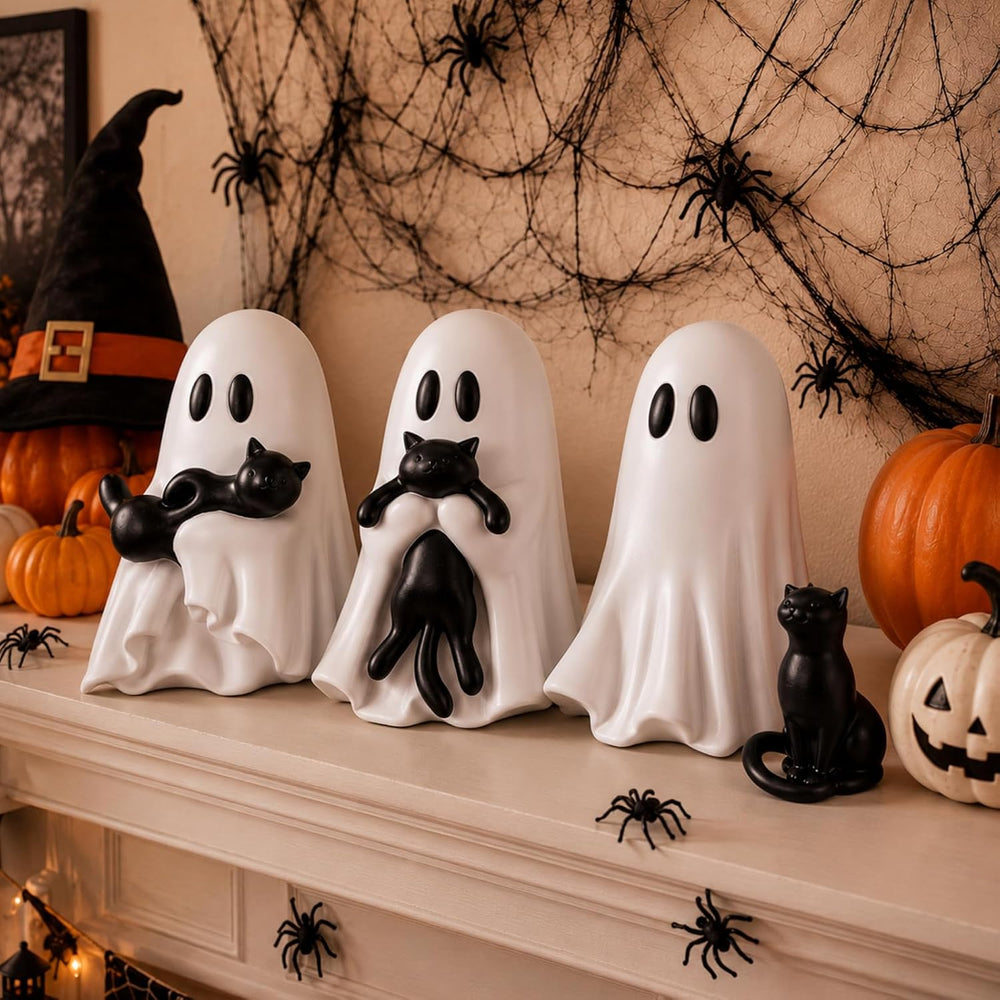 RattanView 4 Pcs Large Halloween Ghost Cat Table Decor, 6" Cute Figurines