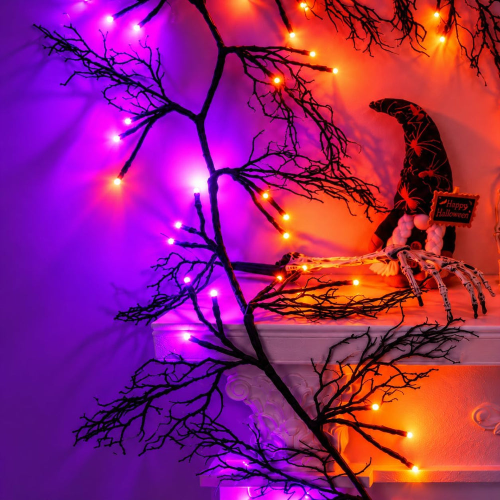 9Ft Lighted Halloween Garland Decorations Indoor, 66 LED Orange & Purple ...
