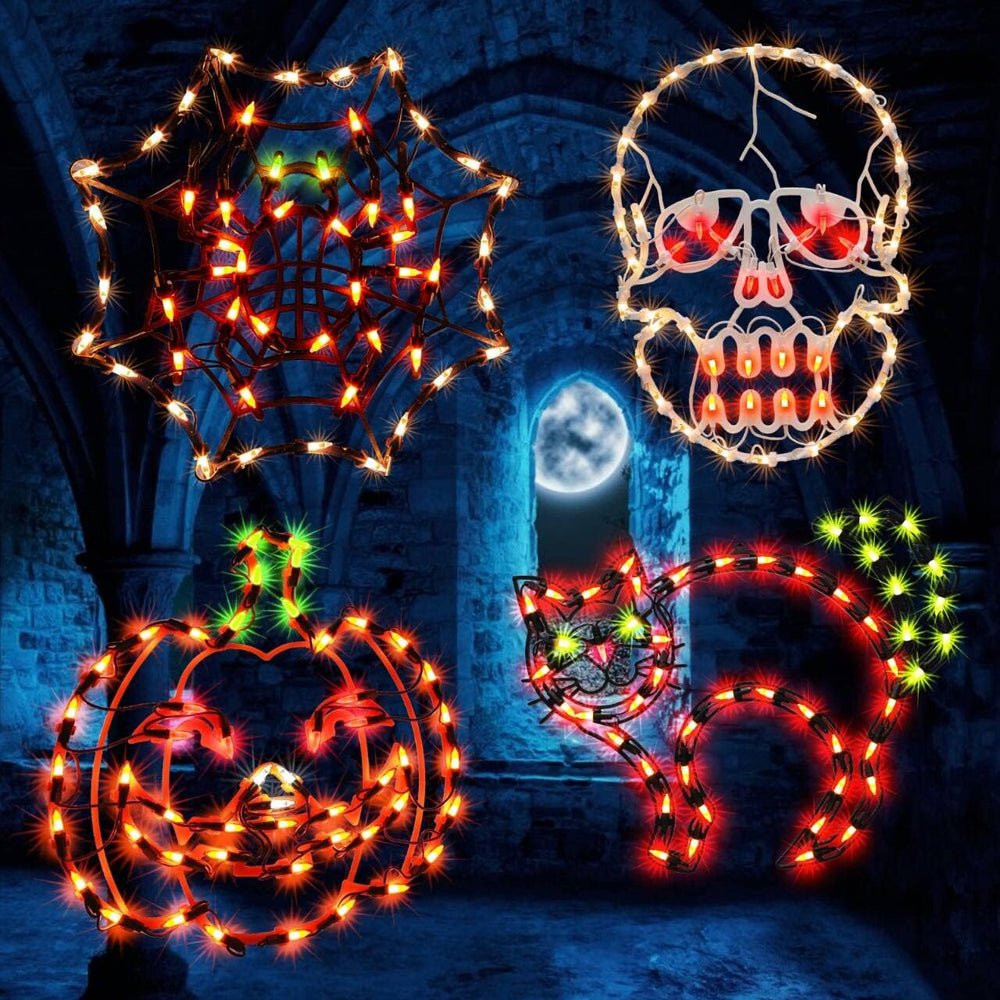 4 Pack Lighted Halloween Window Silhouette Decoration,Jack-O-Lantern, Cobwet,...