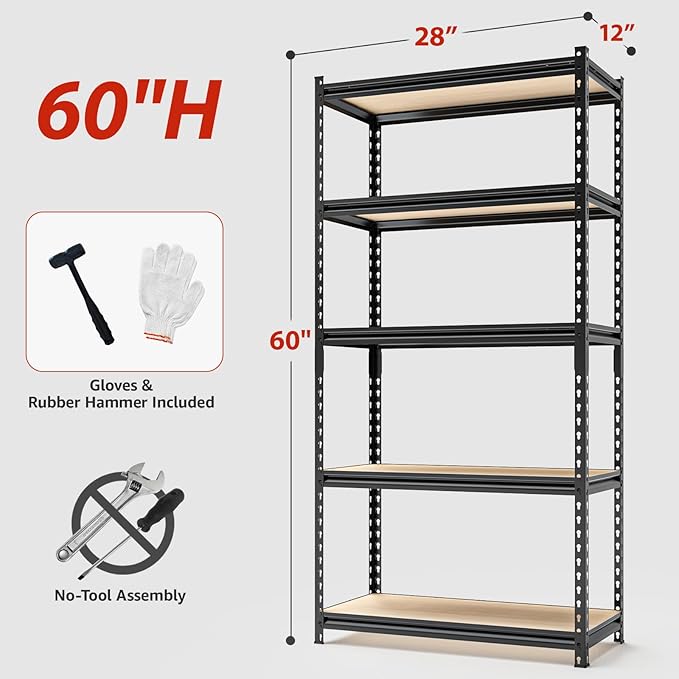 5-Tier Adjustable Metal Storage Shelves Heavy Duty Garage Shelving, Basement ...