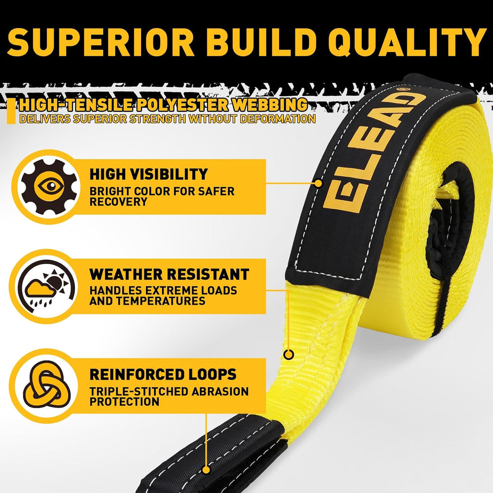 3" x 30Ft Recovery Tow Strap Heavy Duty with Hooks - 36000 LBS Break Str...
