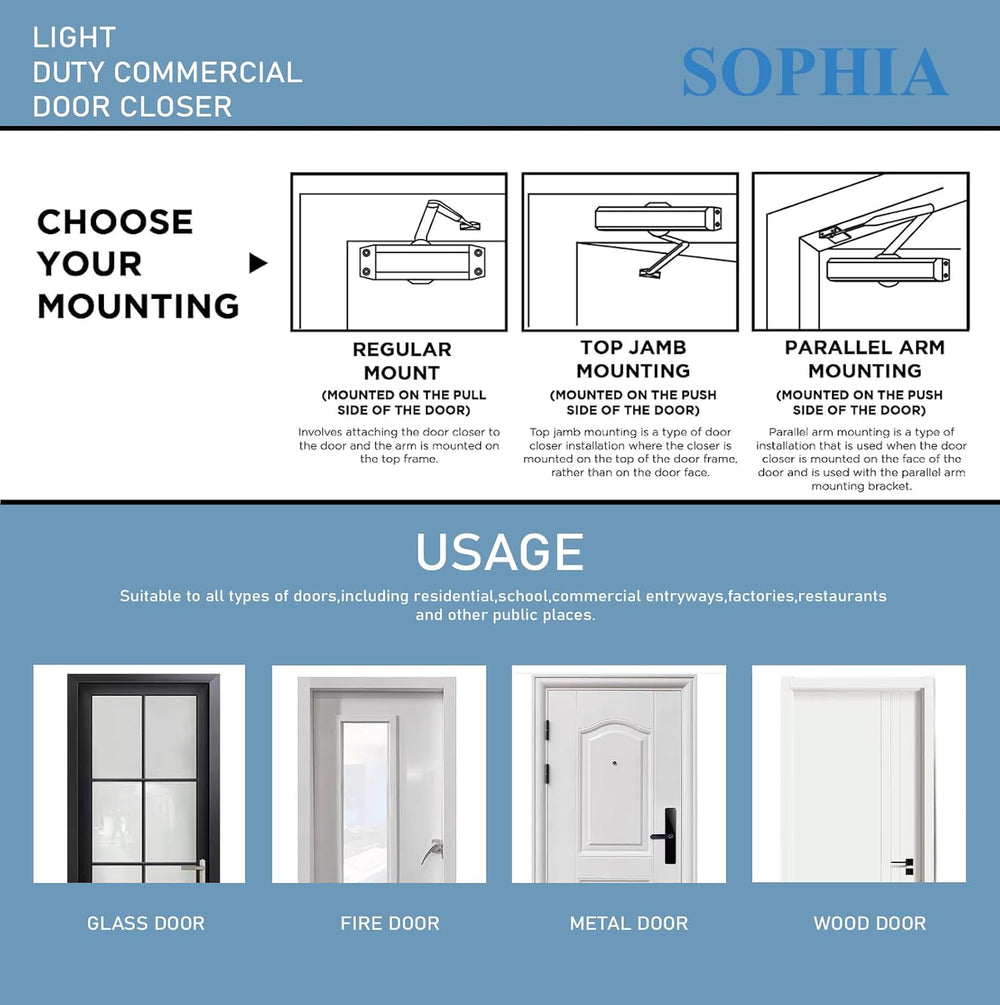 SOPHIA Commercial Door Closer Grade 2, Automatic Door Closer DK700, Hydraulic...