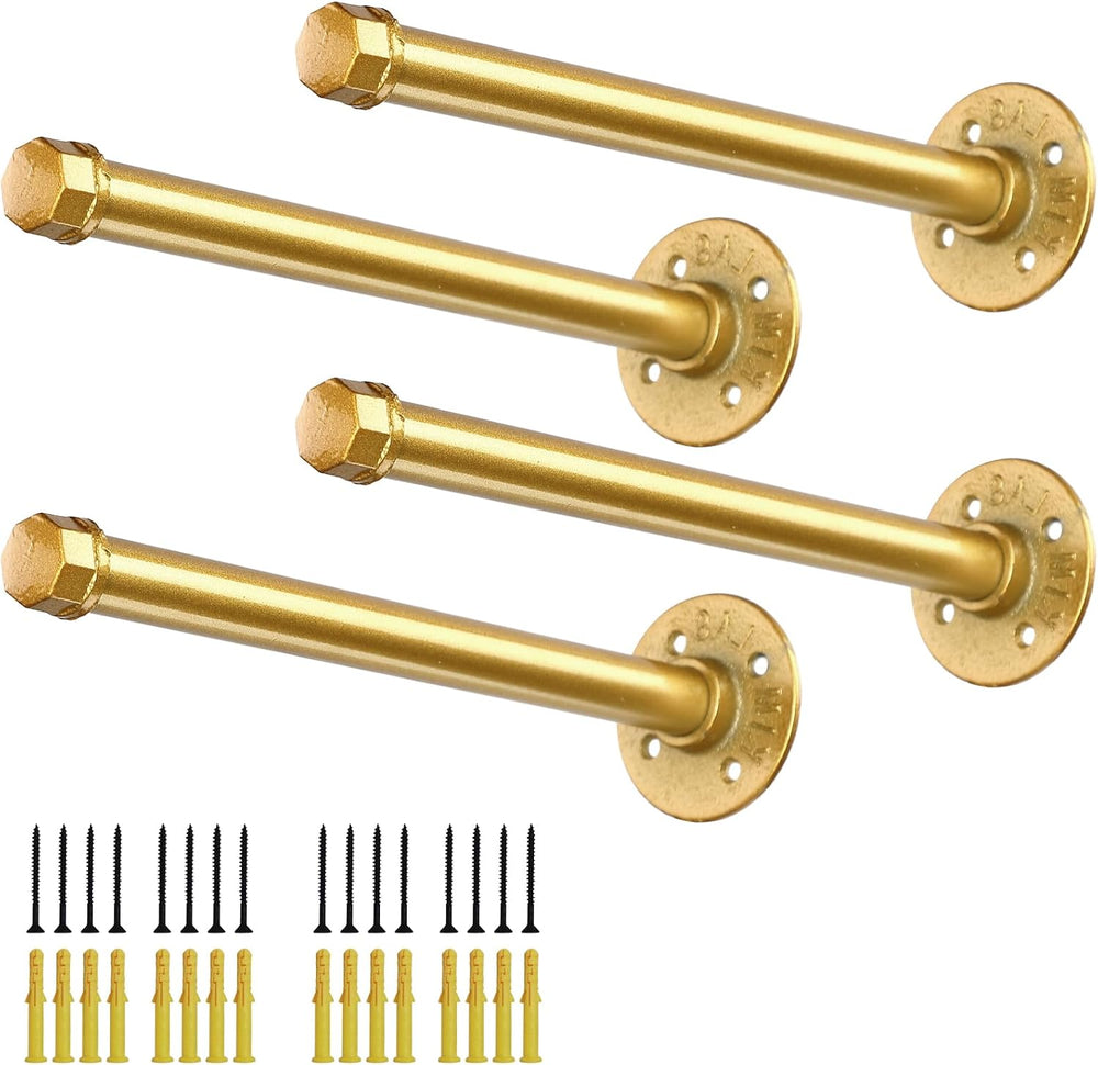 Gold Pipe Shelf Brackets 16 Inch, Industrial Metal Wall Brackets, Set of 4