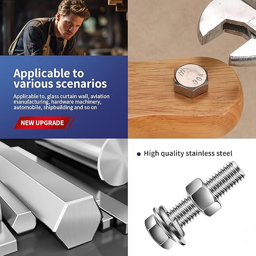 3/8-16 x 6" Hex Head Screw Bolt, Flat & Lock Washers, Fully Threaded...