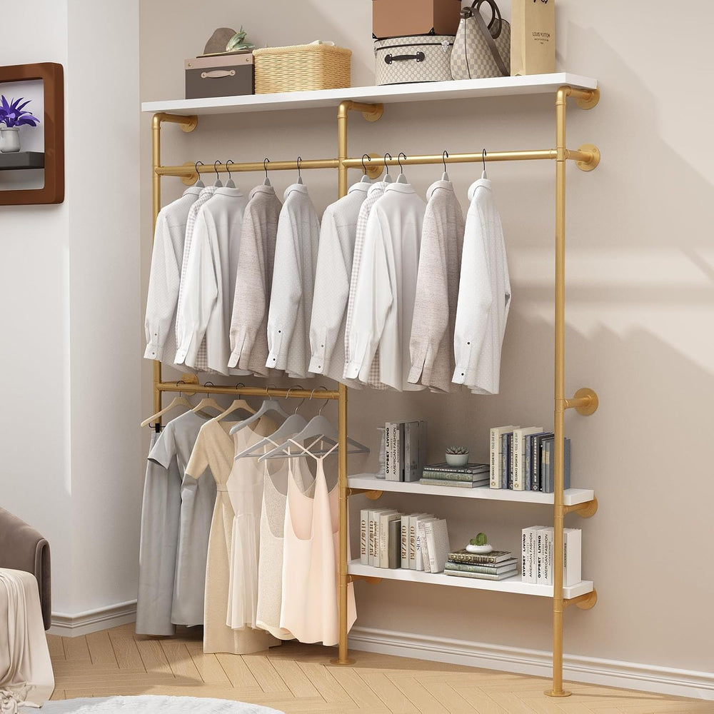 HOMEKAYT Industrial Pipe Clothes Rack with Shelves, Gold Clothing Rack Wall M...