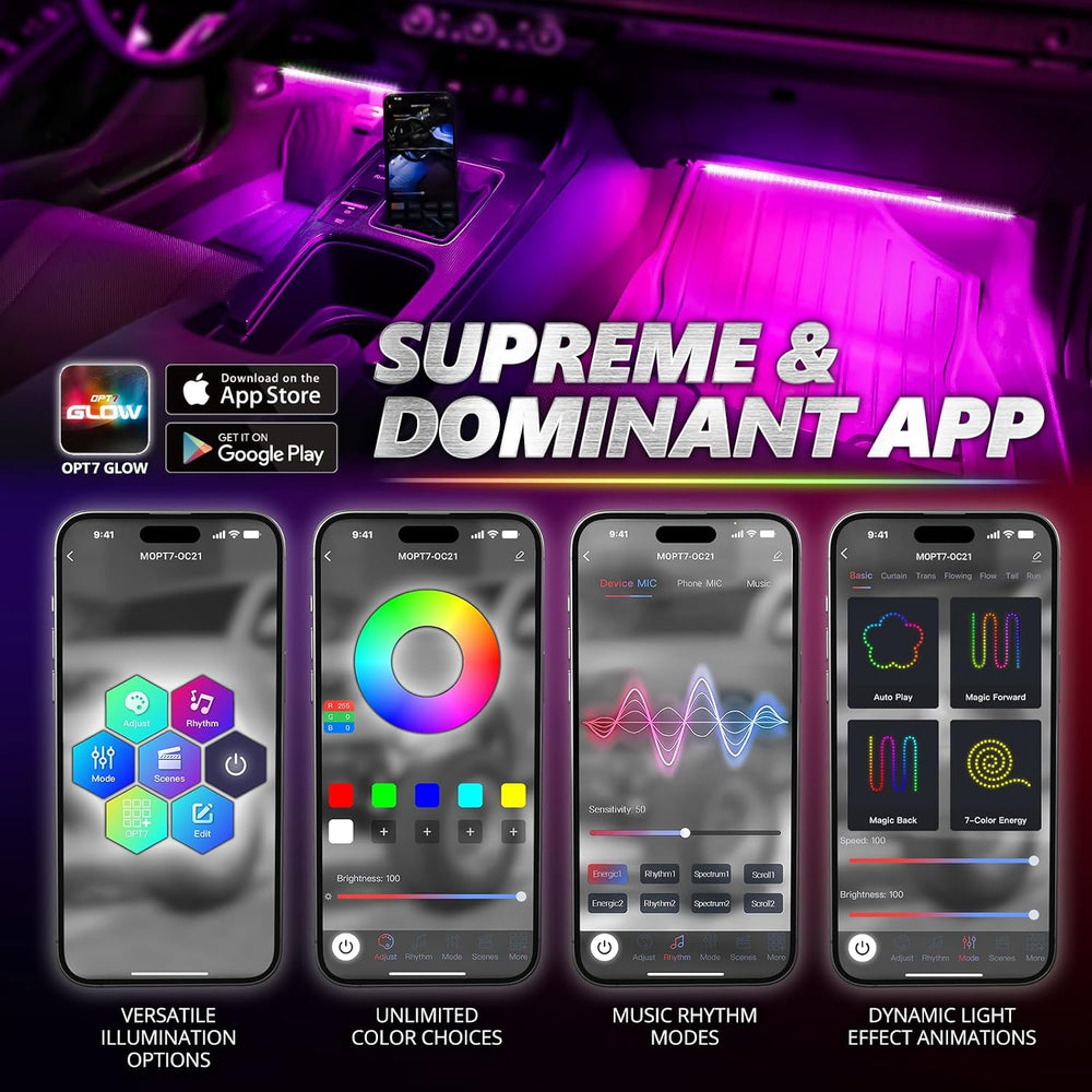 OPT7 Aura Pro Multicolor Interior Car Lights with App & Remote, 4PC LED Kit