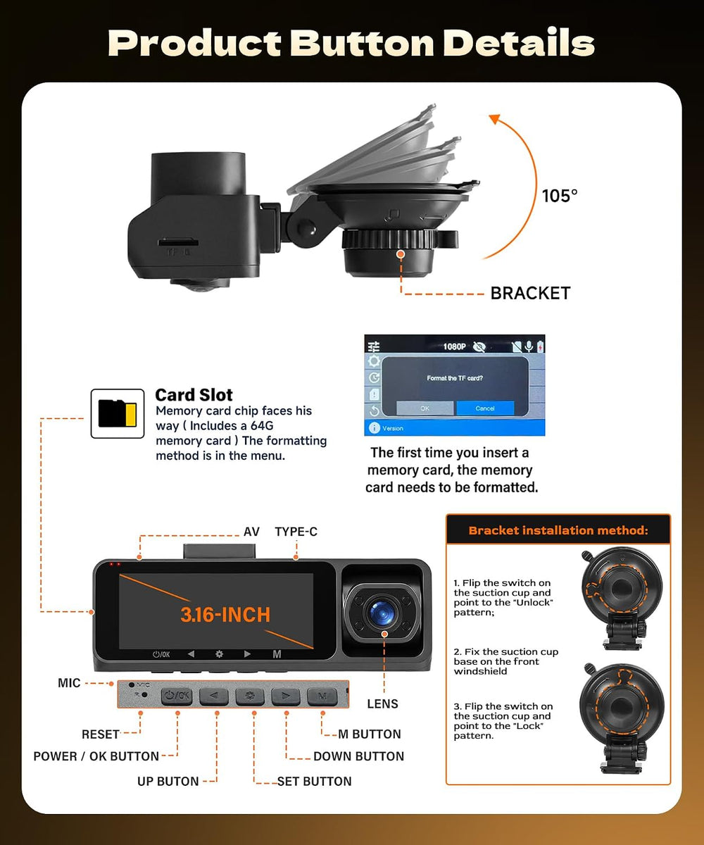 4K Dash Cam Front Rear and Inside, 3 Channel with 5.8GHz WiFi, 64GB Card
