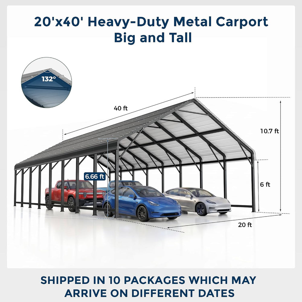 20x40FT Extra Large Heavy Duty Metal Carport 132° Steep Anti-Pooling Roof
