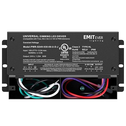 EMITEVER 30W Dimmable LED Driver, 24V Triac Dimmable Power Supply, AC to DC