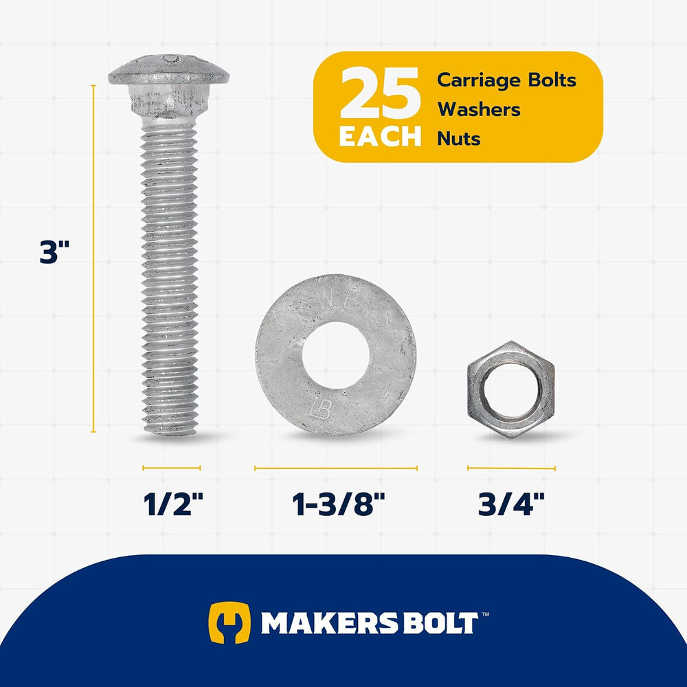 1/2" x 3" (25 Pack) Galvanized Carriage Bolt Kit Grade 307A Include...