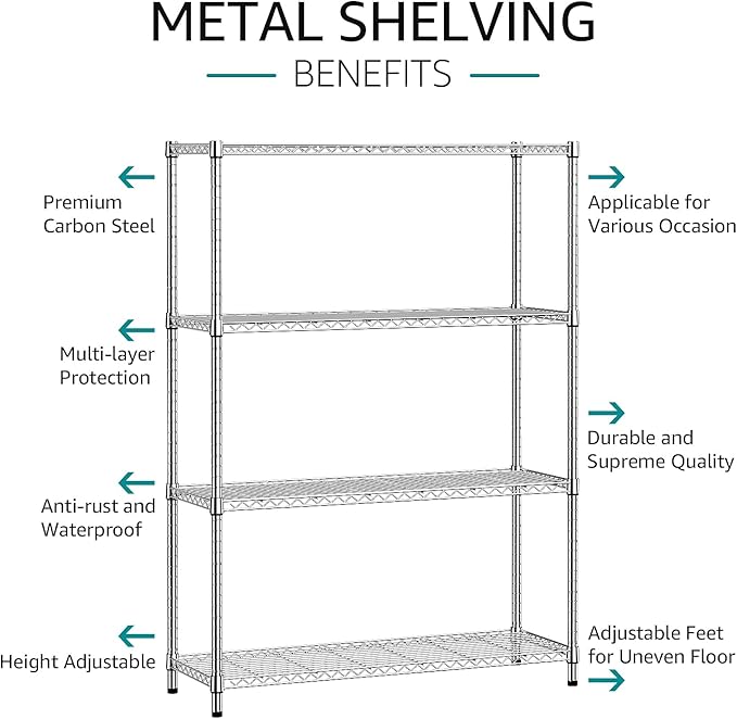 IZEUK 1400 LBS Garage Chrome Shelving Wide Storage Shelves 4 Tier Adjustable