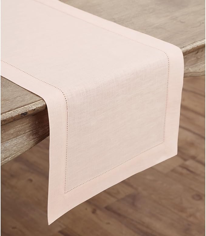 Solino Home Linen Pink Table Runner 72 Inches Long - 100% Pure Linen Hemstitc...