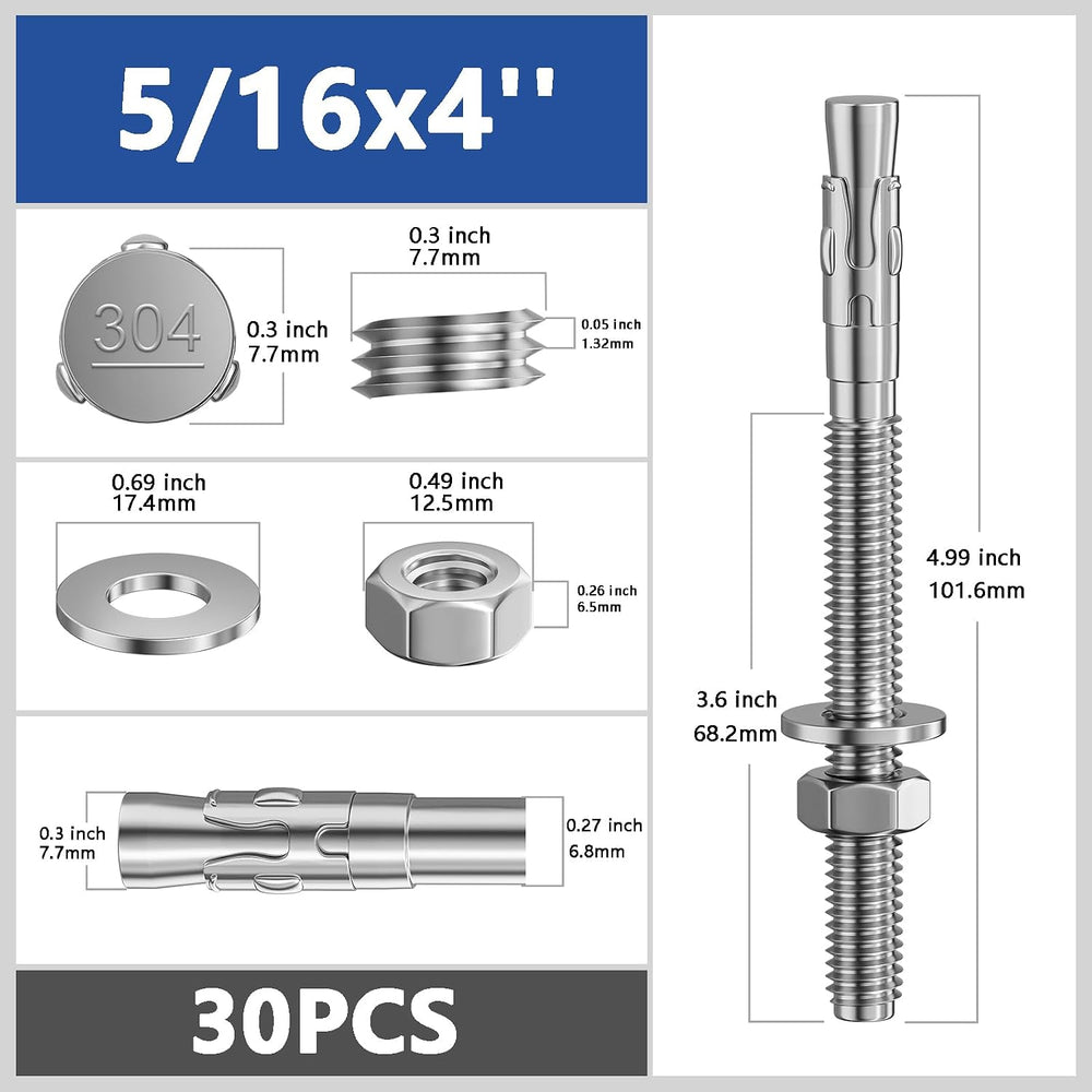 Wensilon 30Pcs 5/16x4 Inch Standard Fasteners for Heavy-Duty 304 Stainless St...