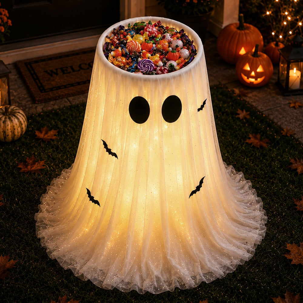 45" Lighted Halloween Candy Bowl Ghost, 2-in-1 Decor with Remote & T...