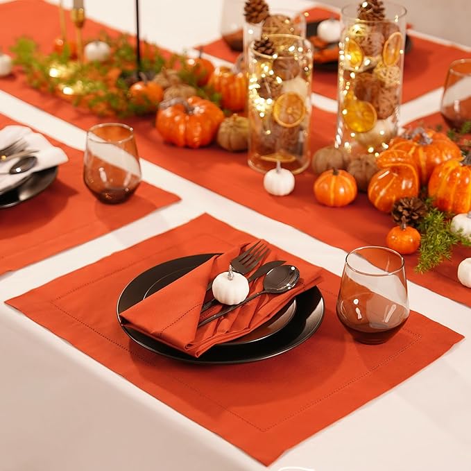 Pumpkin Table Runner 120 Inch–Cotton Linen Hemstitch Farmhouse Table Runner 1...