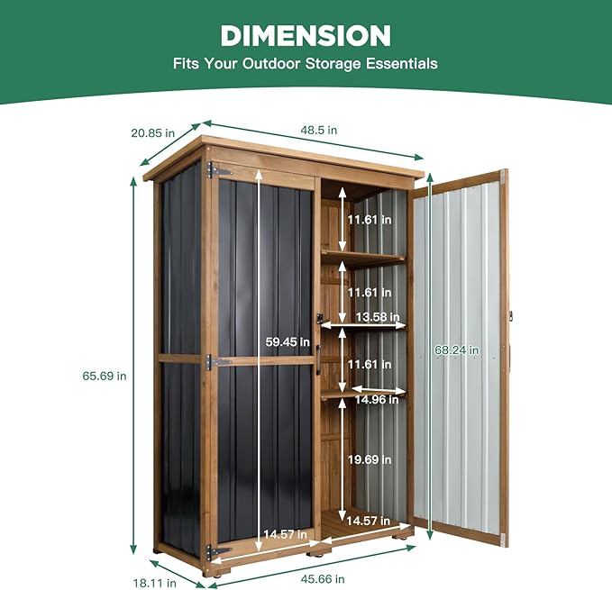 Outdoor Storage Cabinet Wood & Metal, Storage Shed Waterproof Double Lock