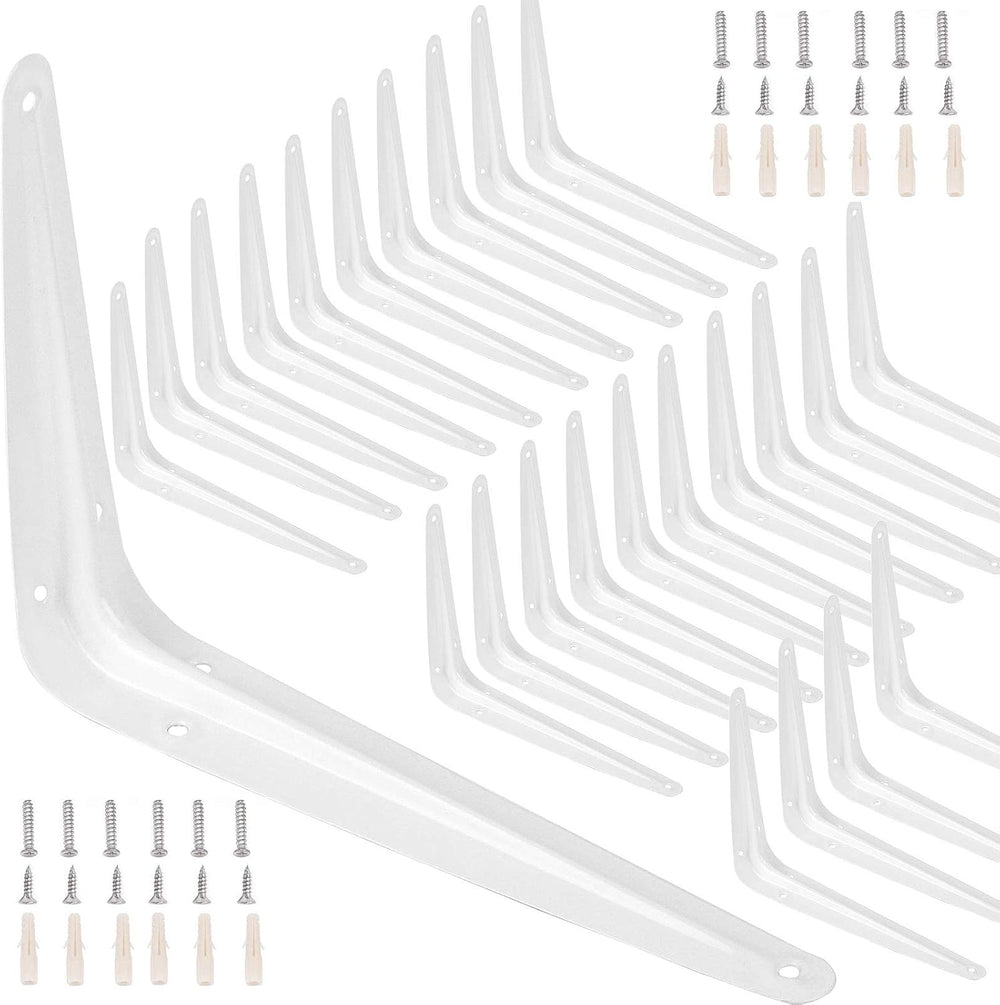 24 Packs 12 x 10 Inch White Shelf Brackets, Heavy-Duty Metal Steel Corner Bra...