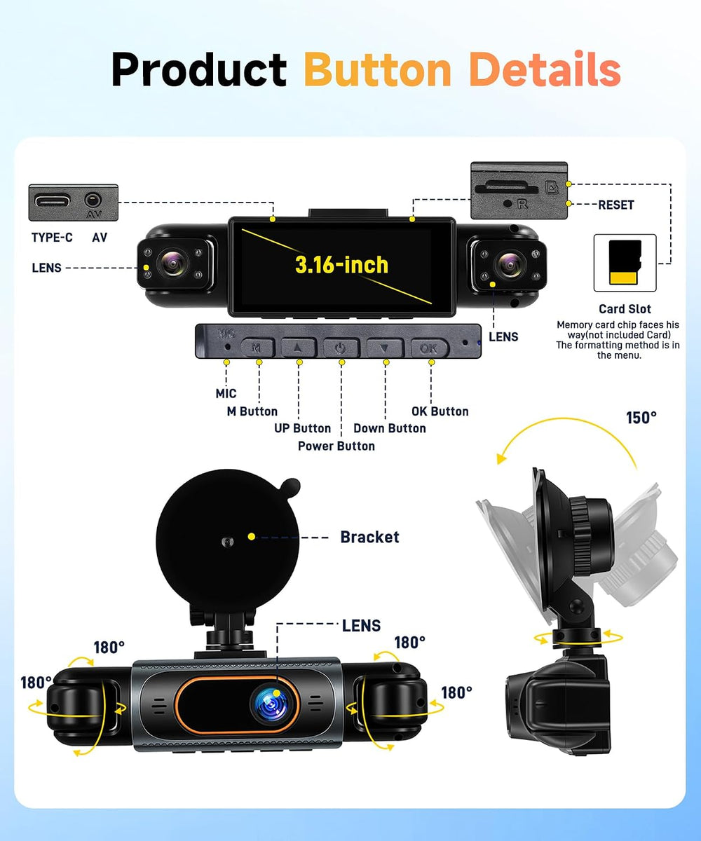 4 Channel 360° Dash Cam, FHD 1080P Dash Camera Front Rear Left Right Inside